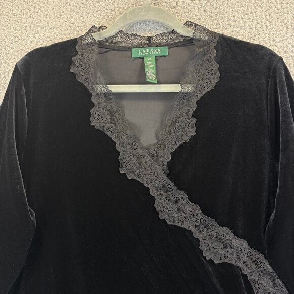 Ralph Lauren Velvet Blouse Womens 2X Black Trim Faux Wrap Business Office LRL - Picture 2 of 7